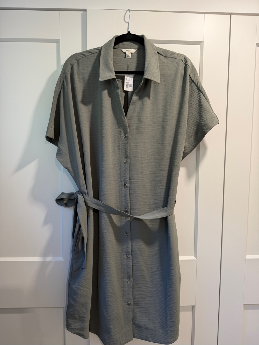 Lightweight RW and Co Button-Front Shirt Dress with Tie Belt - Sage Green